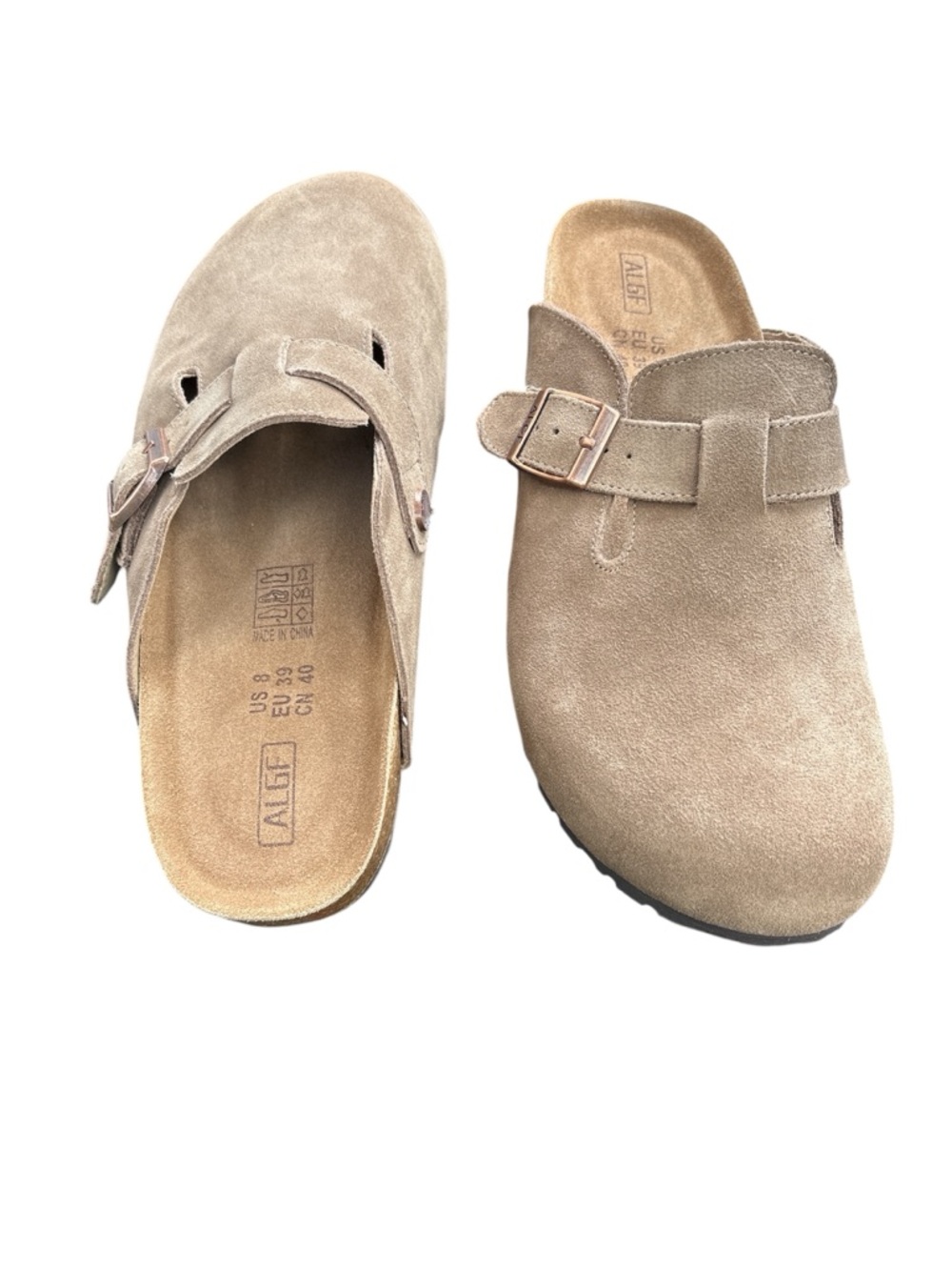 Suede Buckle Clogs in Taupe Brown